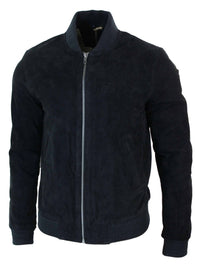 Chaqueta bomber universitaria de cuero de gamuza auténtica para hombre, estilo retro vintage clásico - Negro