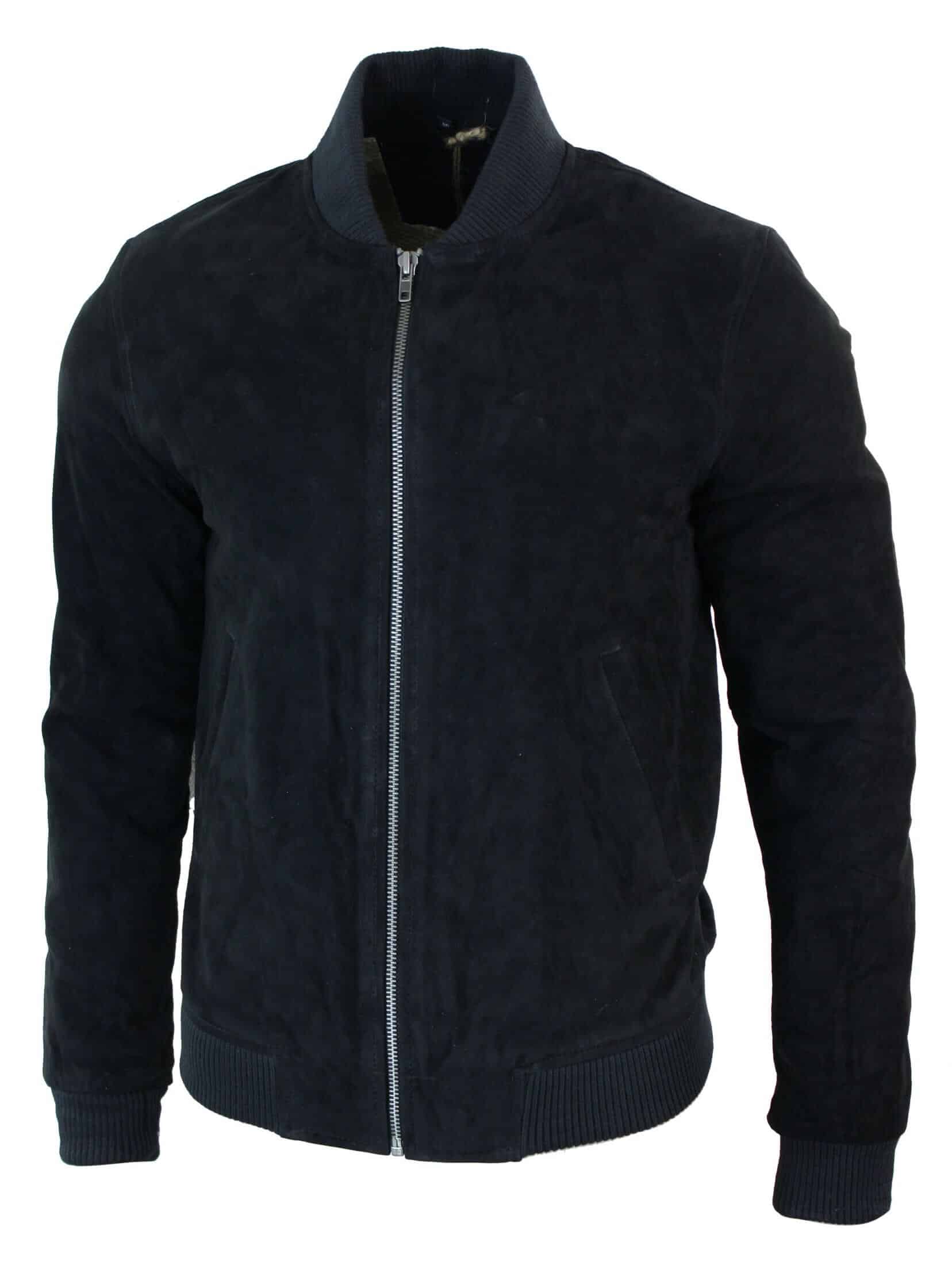 Chaqueta bomber universitaria de cuero de gamuza auténtica para hombre, estilo retro vintage clásico - Negro
