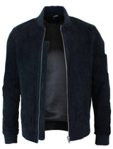 Chaqueta bomber universitaria de cuero de gamuza auténtica para hombre, estilo retro vintage clásico - Negro