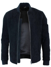 Chaqueta bomber universitaria de cuero de gamuza auténtica para hombre, estilo retro vintage clásico - Negro