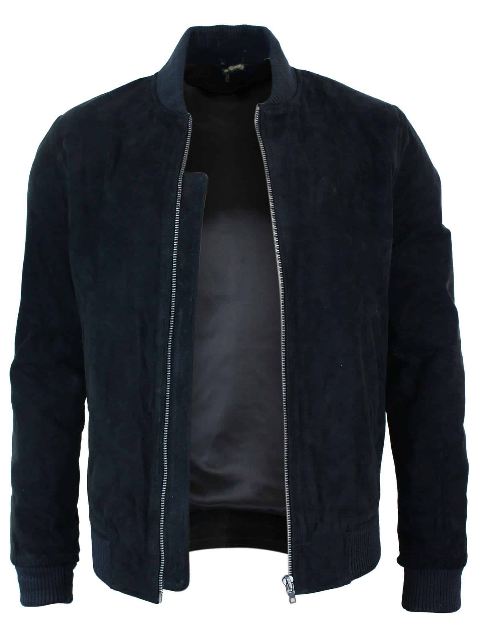 Chaqueta bomber universitaria de cuero de gamuza auténtica para hombre, estilo retro vintage clásico - Negro