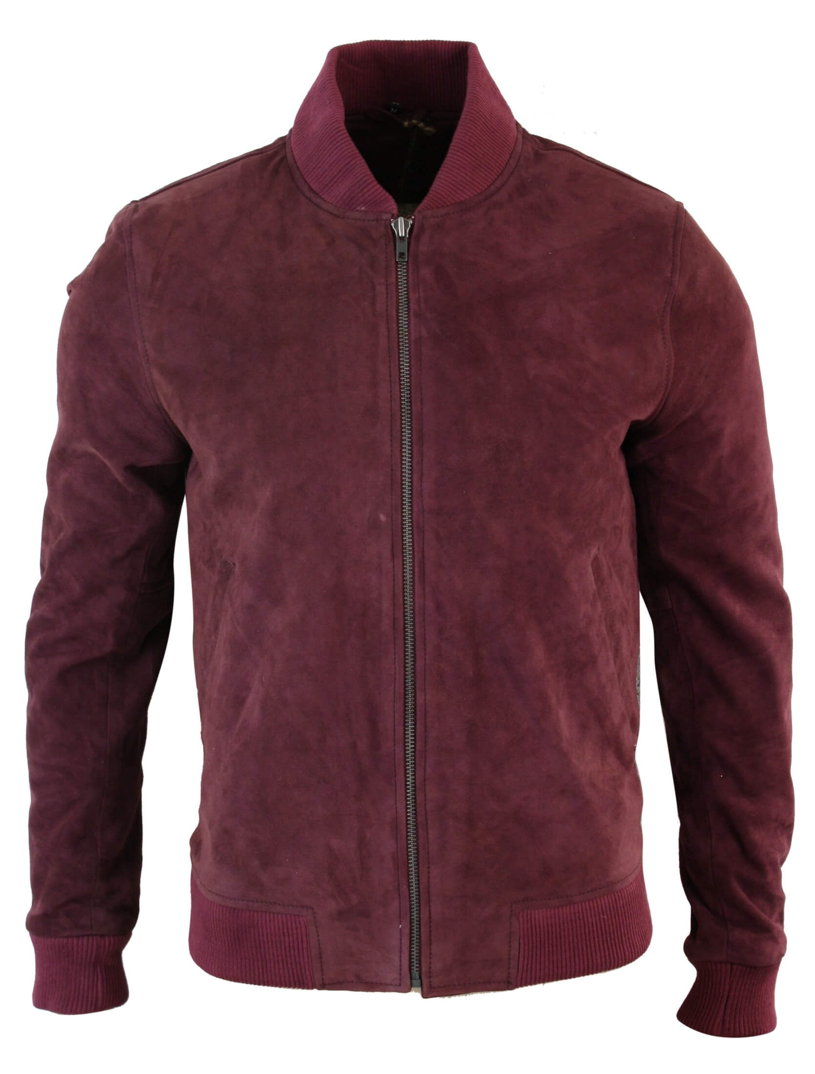 Chaqueta bomber universitaria de cuero de gamuza auténtica para hombre, estilo retro vintage clásico - Borgoña