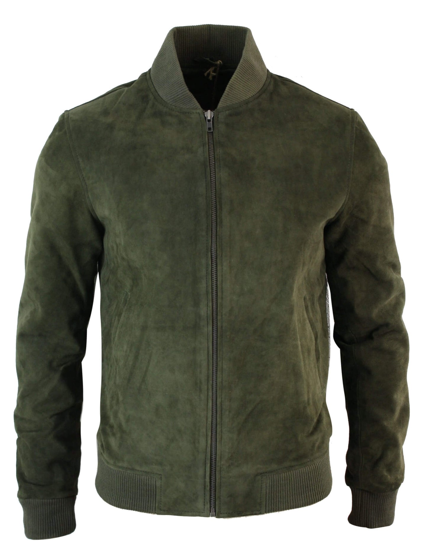 Chaqueta bomber universitaria de cuero de gamuza auténtica para hombre, estilo retro vintage clásico - Oliva