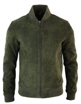Chaqueta bomber universitaria de cuero de gamuza auténtica para hombre, estilo retro vintage clásico - Oliva