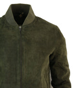 Chaqueta bomber universitaria de cuero de gamuza auténtica para hombre, estilo retro vintage clásico - Oliva