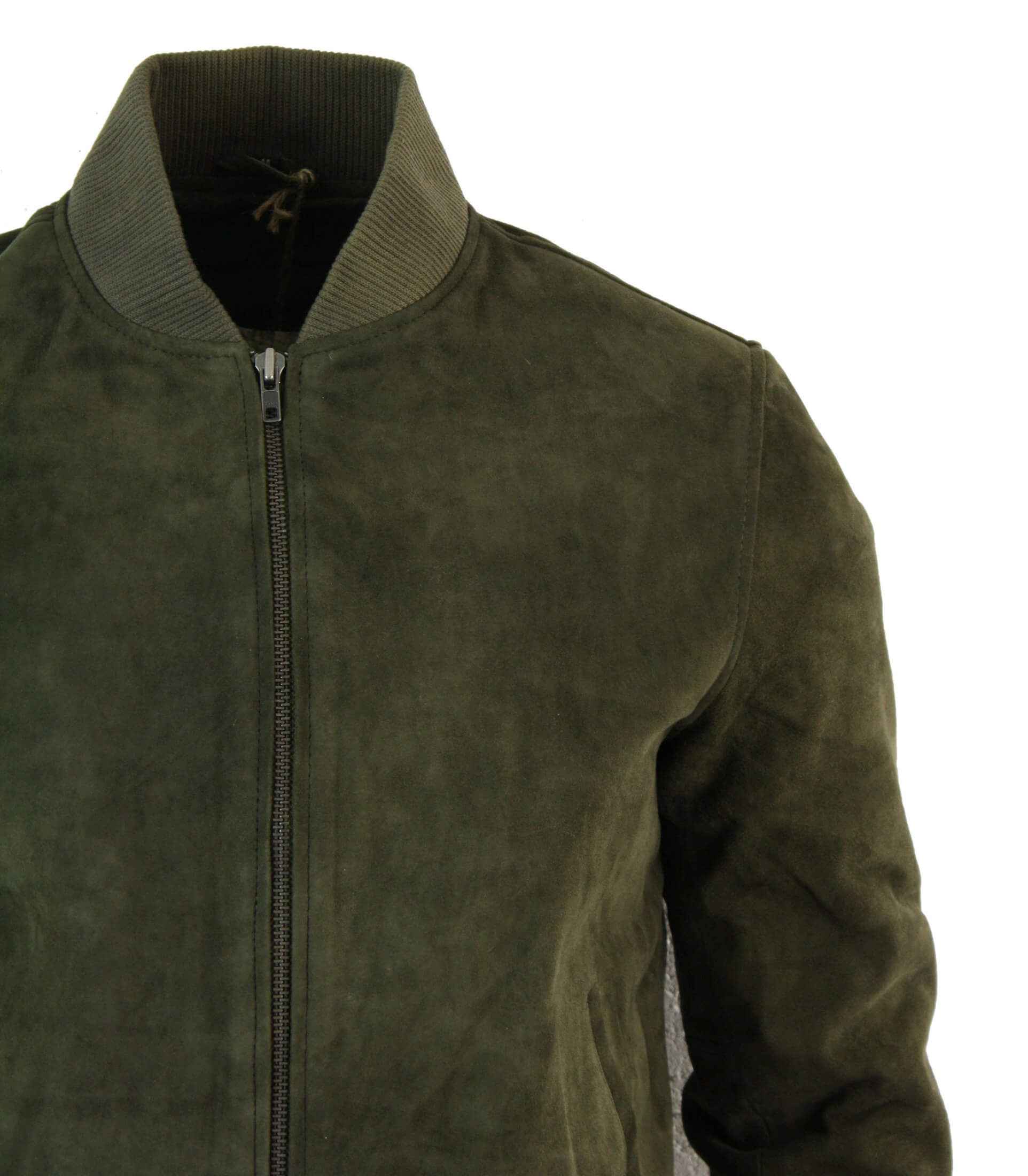 Chaqueta bomber universitaria de cuero de gamuza auténtica para hombre, estilo retro vintage clásico - Oliva