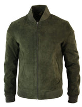 Chaqueta bomber universitaria de cuero de gamuza auténtica para hombre, estilo retro vintage clásico - Oliva