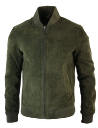 Chaqueta bomber universitaria de cuero de gamuza auténtica para hombre, estilo retro vintage clásico - Oliva
