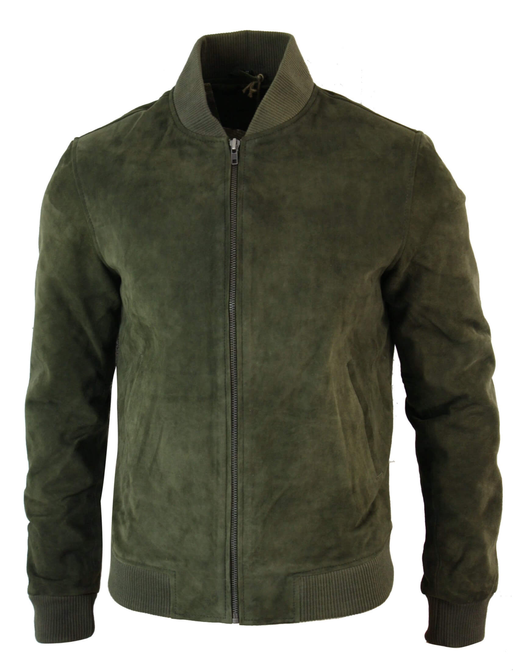Chaqueta bomber universitaria de cuero de gamuza auténtica para hombre, estilo retro vintage clásico - Oliva