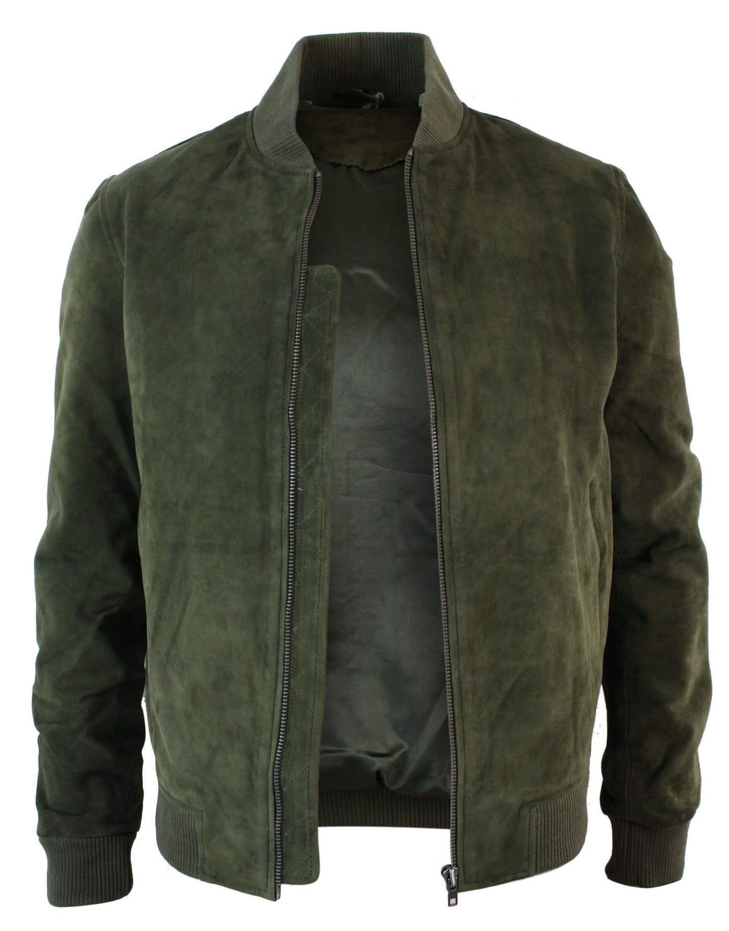 Chaqueta bomber universitaria de cuero de gamuza auténtica para hombre, estilo retro vintage clásico - Oliva