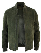 Chaqueta bomber universitaria de cuero de gamuza auténtica para hombre, estilo retro vintage clásico - Oliva
