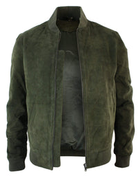 Chaqueta bomber universitaria de cuero de gamuza auténtica para hombre, estilo retro vintage clásico - Oliva