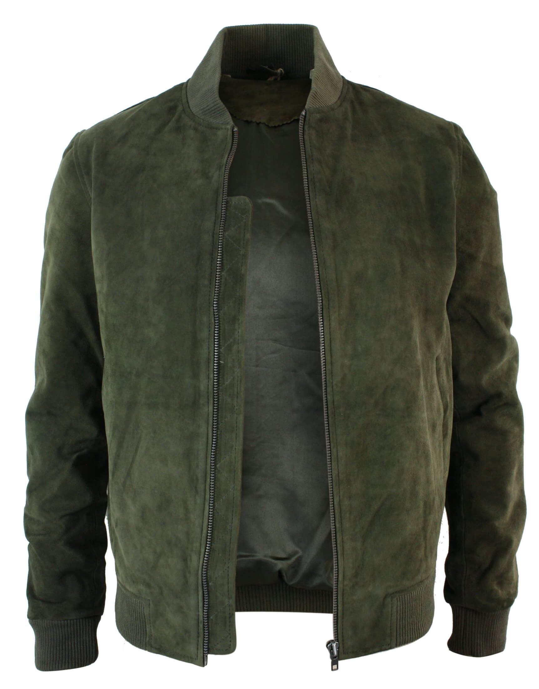 Chaqueta bomber universitaria de cuero de gamuza auténtica para hombre, estilo retro vintage clásico - Oliva