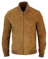 Chaqueta bomber universitaria de cuero de gamuza auténtica para hombre, estilo retro vintage clásico - Marrón claro