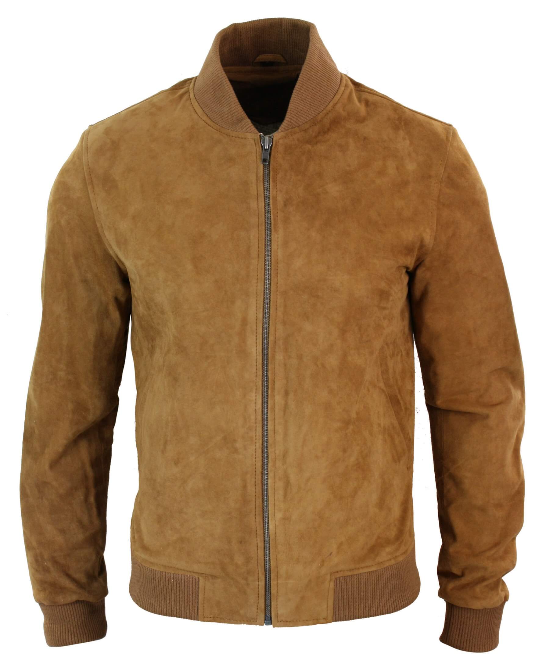 Chaqueta bomber universitaria de cuero de gamuza auténtica para hombre, estilo retro vintage clásico - Marrón claro