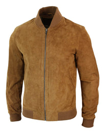 Chaqueta bomber universitaria de cuero de gamuza auténtica para hombre, estilo retro vintage clásico - Marrón claro