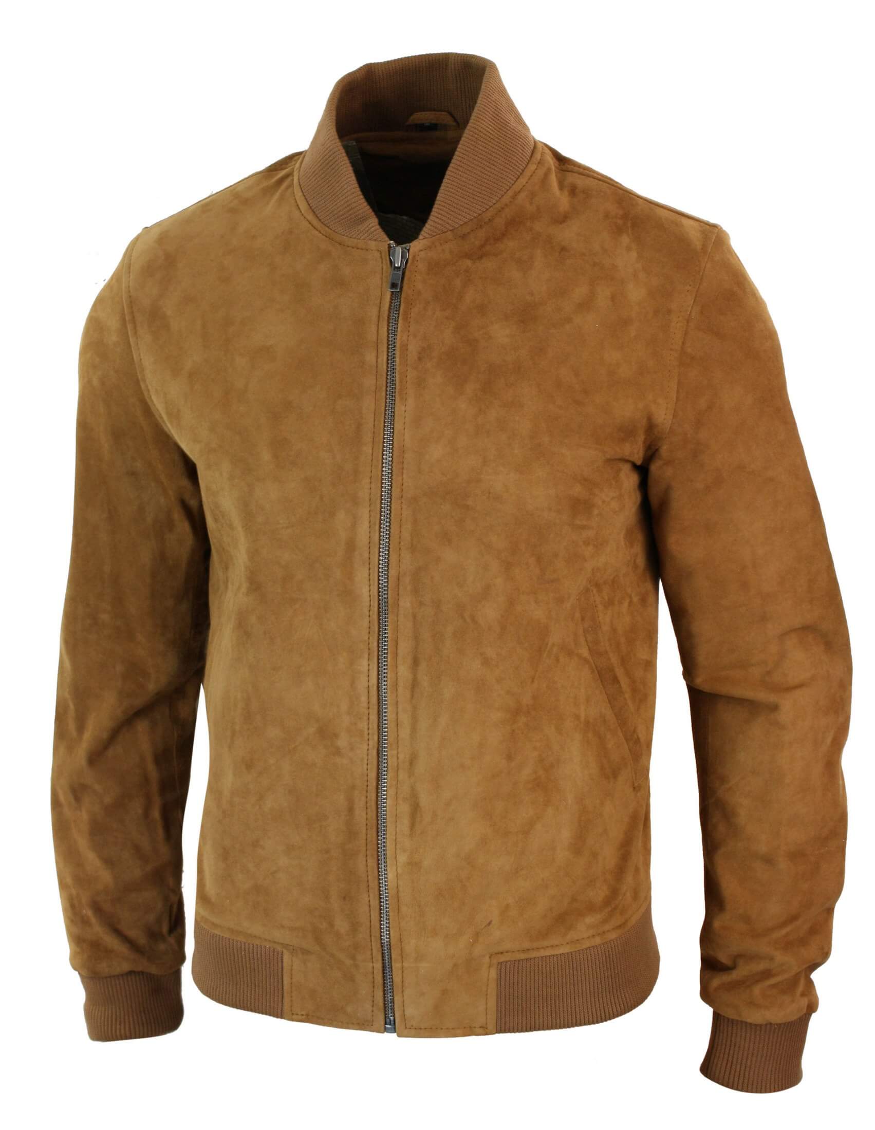 Chaqueta bomber universitaria de cuero de gamuza auténtica para hombre, estilo retro vintage clásico - Marrón claro