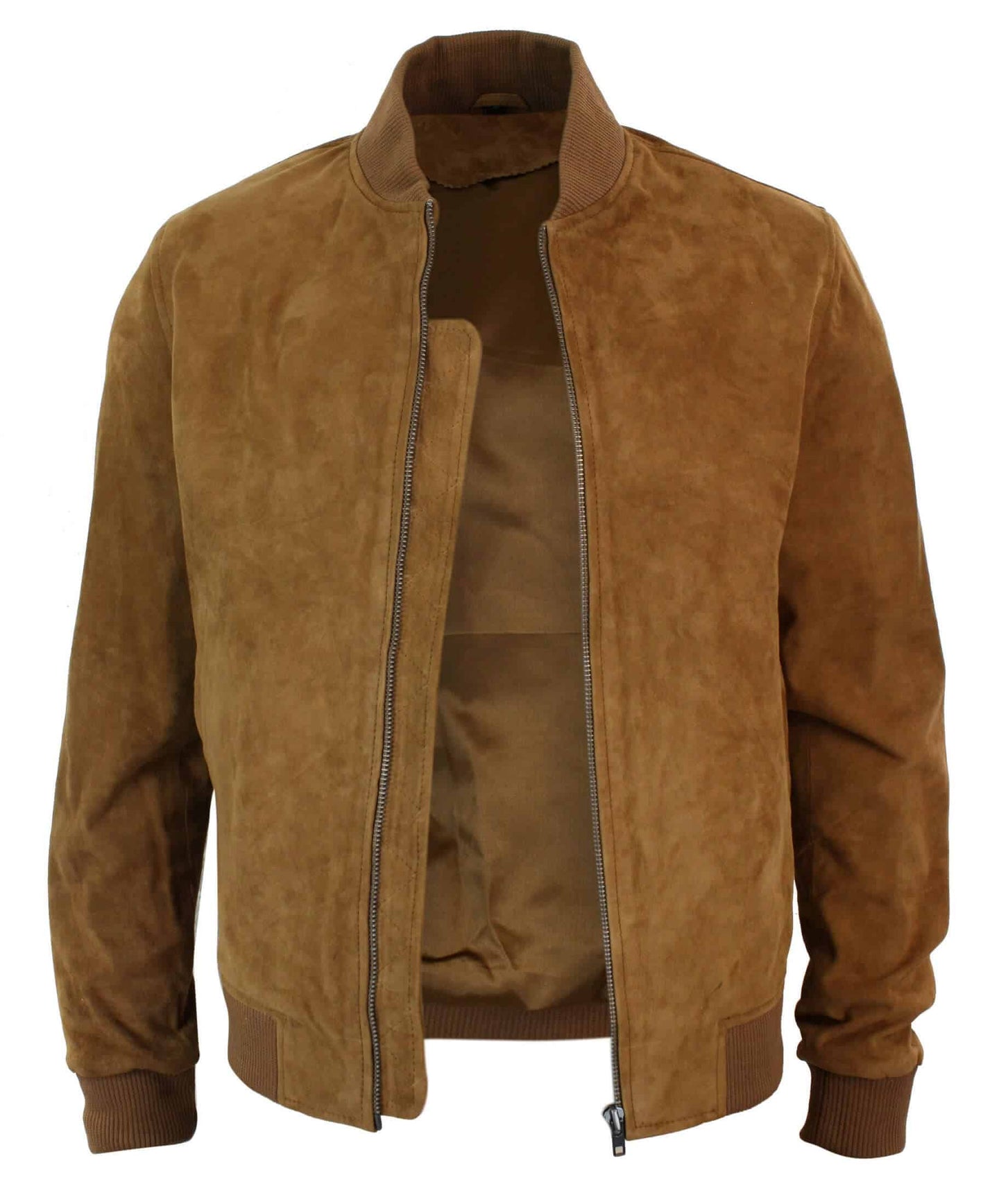 Chaqueta bomber universitaria de cuero de gamuza auténtica para hombre, estilo retro vintage clásico - Marrón claro