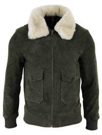 Chaqueta bomber universitaria de ante auténtico para hombre con cuello desmontable - Verde oliva