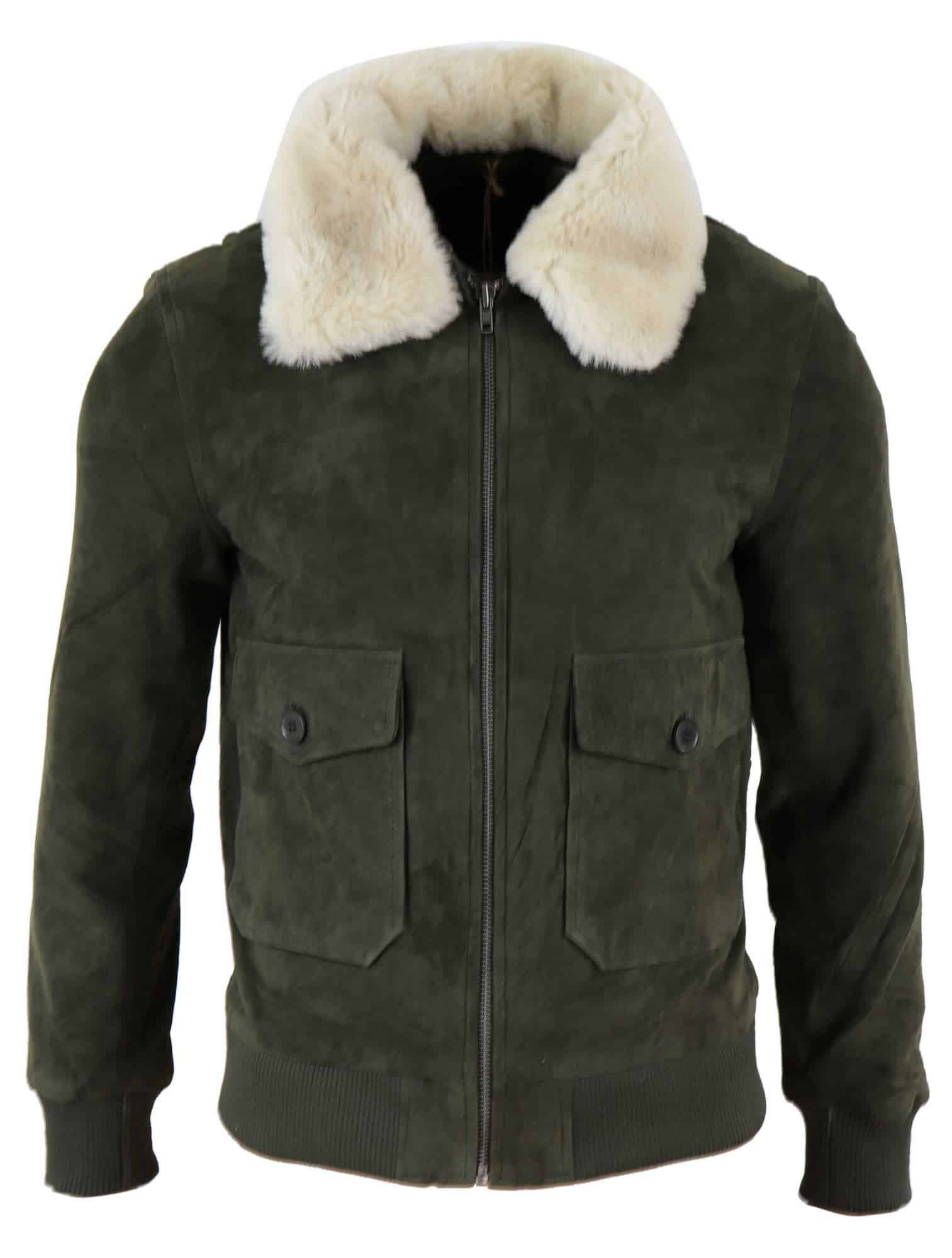Chaqueta bomber universitaria de ante auténtico para hombre con cuello desmontable - Verde oliva