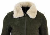 Chaqueta bomber universitaria de ante auténtico para hombre con cuello desmontable - Verde oliva