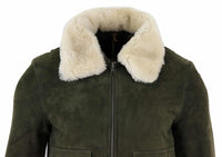 Chaqueta bomber universitaria de ante auténtico para hombre con cuello desmontable - Verde oliva