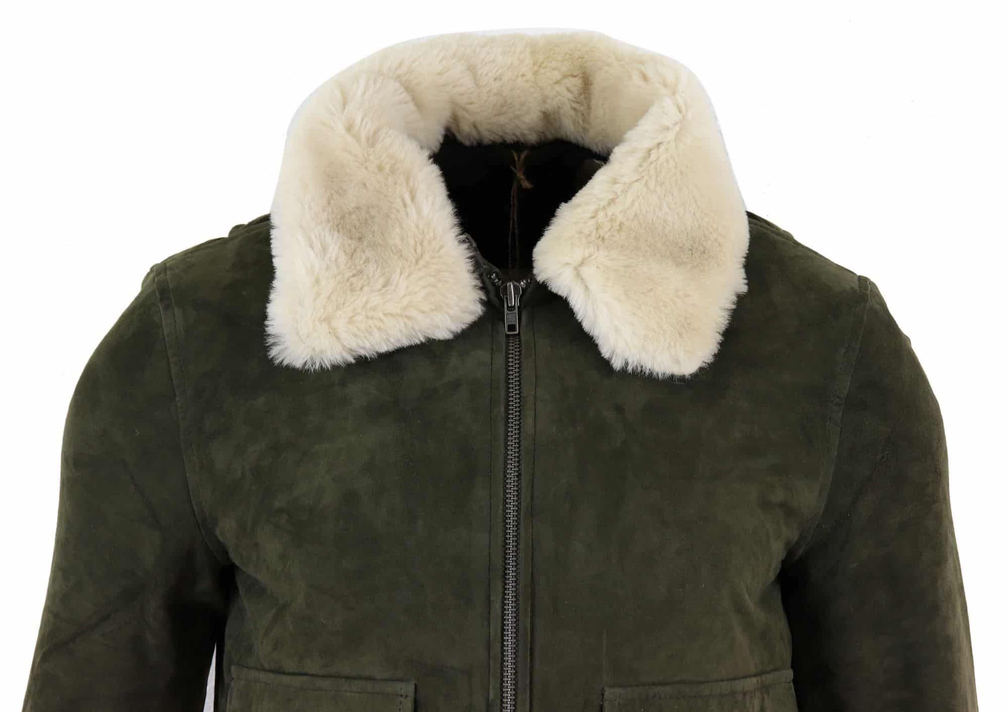 Chaqueta bomber universitaria de ante auténtico para hombre con cuello desmontable - Verde oliva