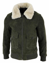 Chaqueta bomber universitaria de ante auténtico para hombre con cuello desmontable - Verde oliva