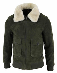 Chaqueta bomber universitaria de ante auténtico para hombre con cuello desmontable - Verde oliva