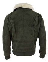 Chaqueta bomber universitaria de ante auténtico para hombre con cuello desmontable - Verde oliva
