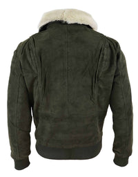 Chaqueta bomber universitaria de ante auténtico para hombre con cuello desmontable - Verde oliva