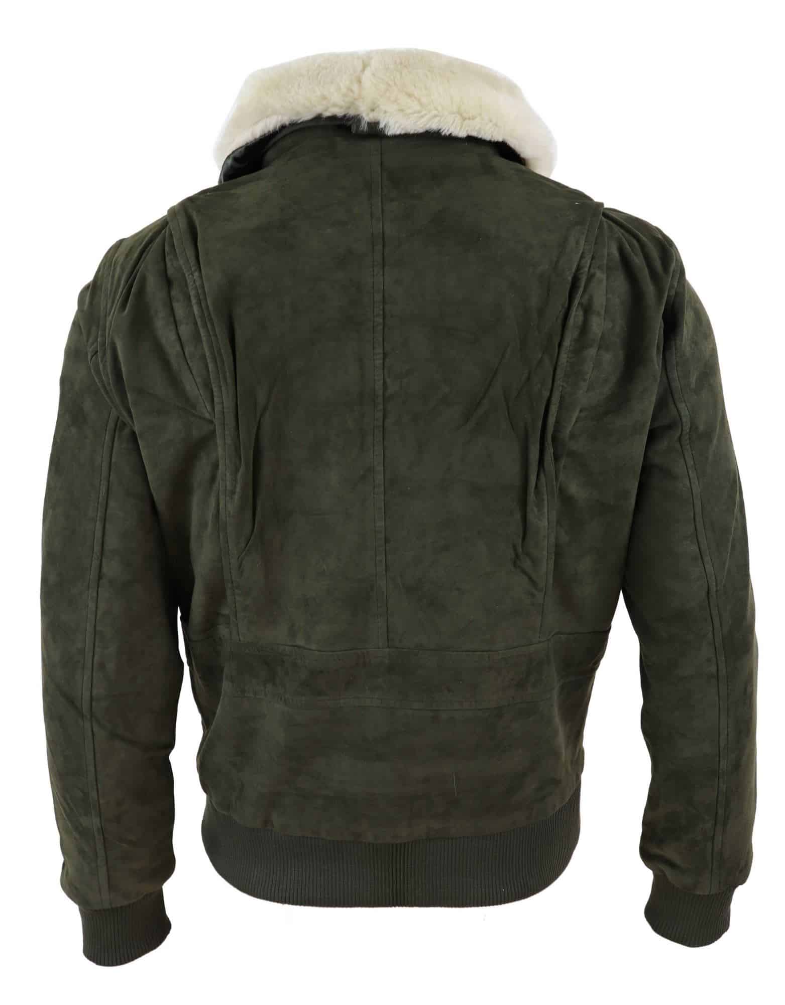 Chaqueta bomber universitaria de ante auténtico para hombre con cuello desmontable - Verde oliva