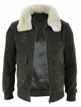 Chaqueta bomber universitaria de ante auténtico para hombre con cuello desmontable - Verde oliva