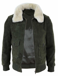 Chaqueta bomber universitaria de ante auténtico para hombre con cuello desmontable - Verde oliva
