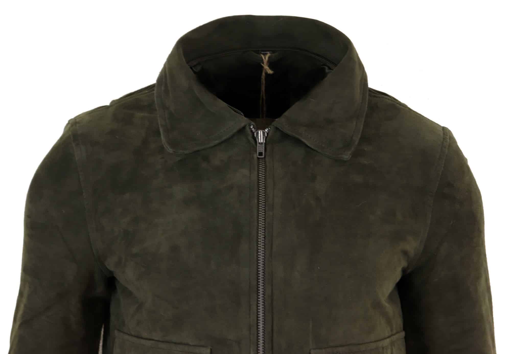 Chaqueta bomber universitaria de ante auténtico para hombre con cuello desmontable - Verde oliva