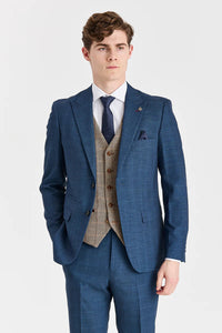 Traje azul marino Viceroy con chaleco de tweed marrón Harris en contraste.