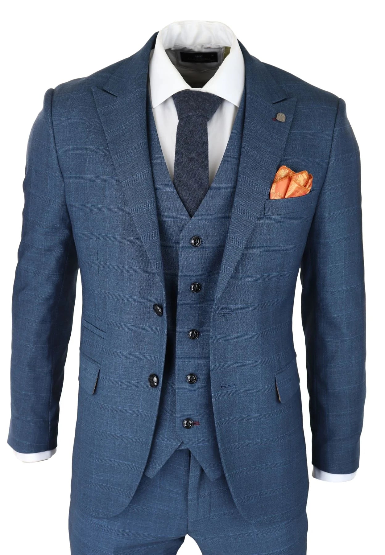 Traje de hombre de 3 piezas a cuadros Príncipe de Gales, azul clásico, corte entallado ligero y moderno.