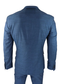 Traje de hombre de 3 piezas a cuadros Príncipe de Gales, azul clásico, corte entallado ligero y moderno.