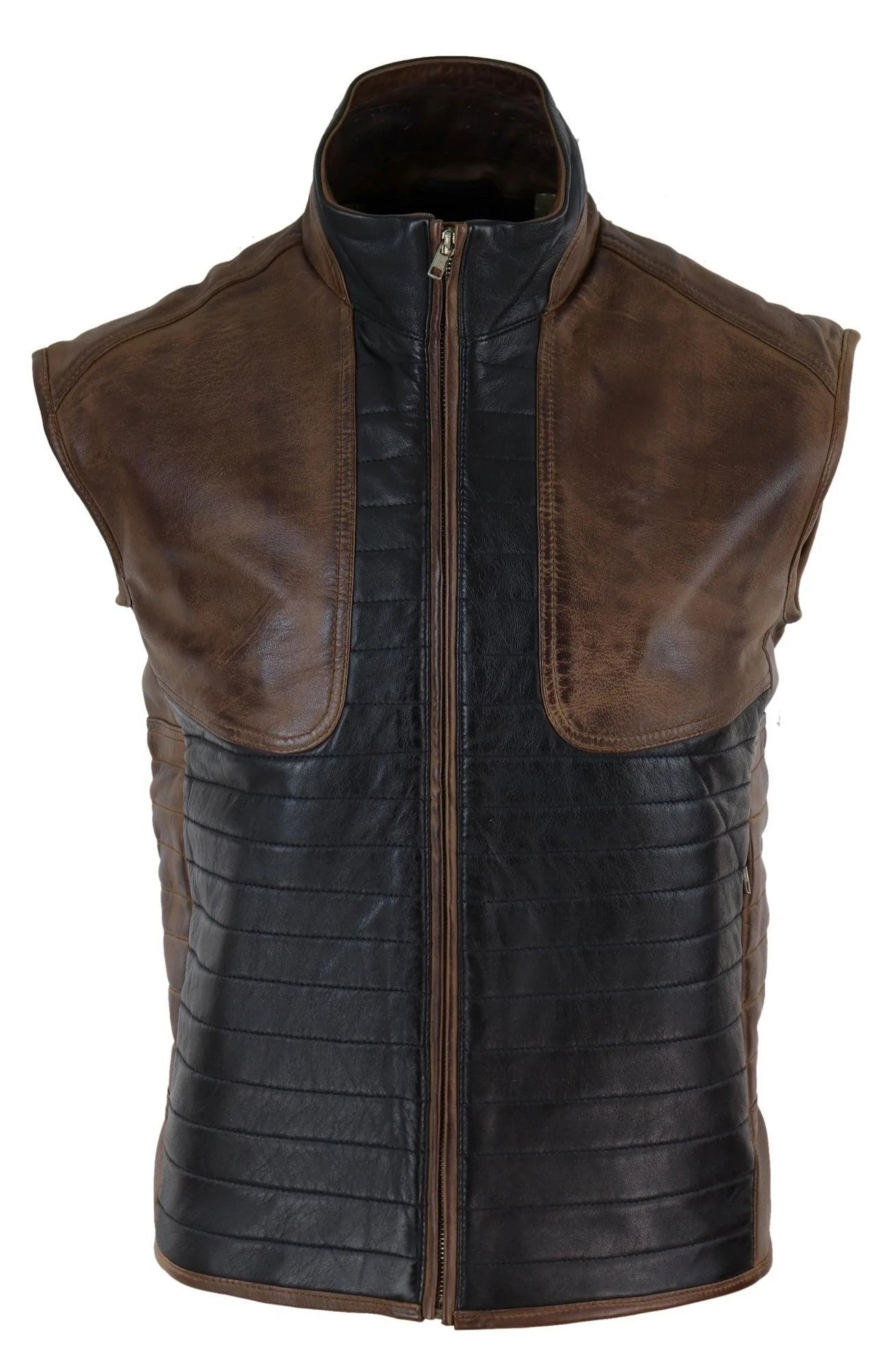 Chaleco de cuero negro y marrón para hombre