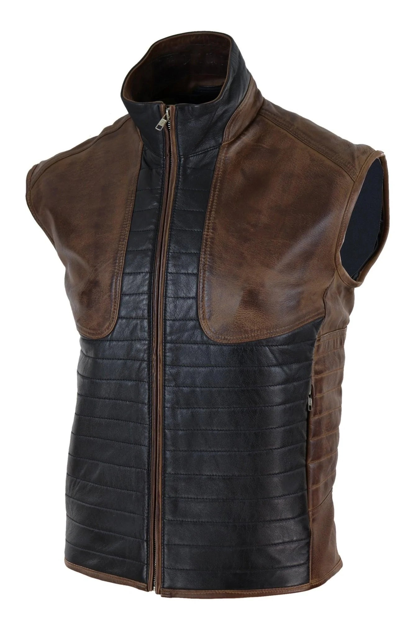 Chaleco de cuero negro y marrón para hombre
