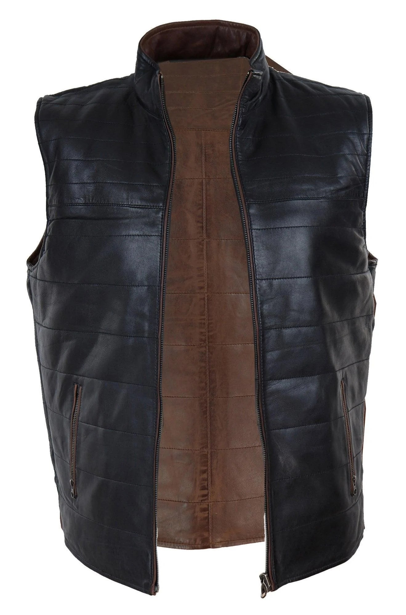 Chaleco reversible de cuero negro y marrón para hombre