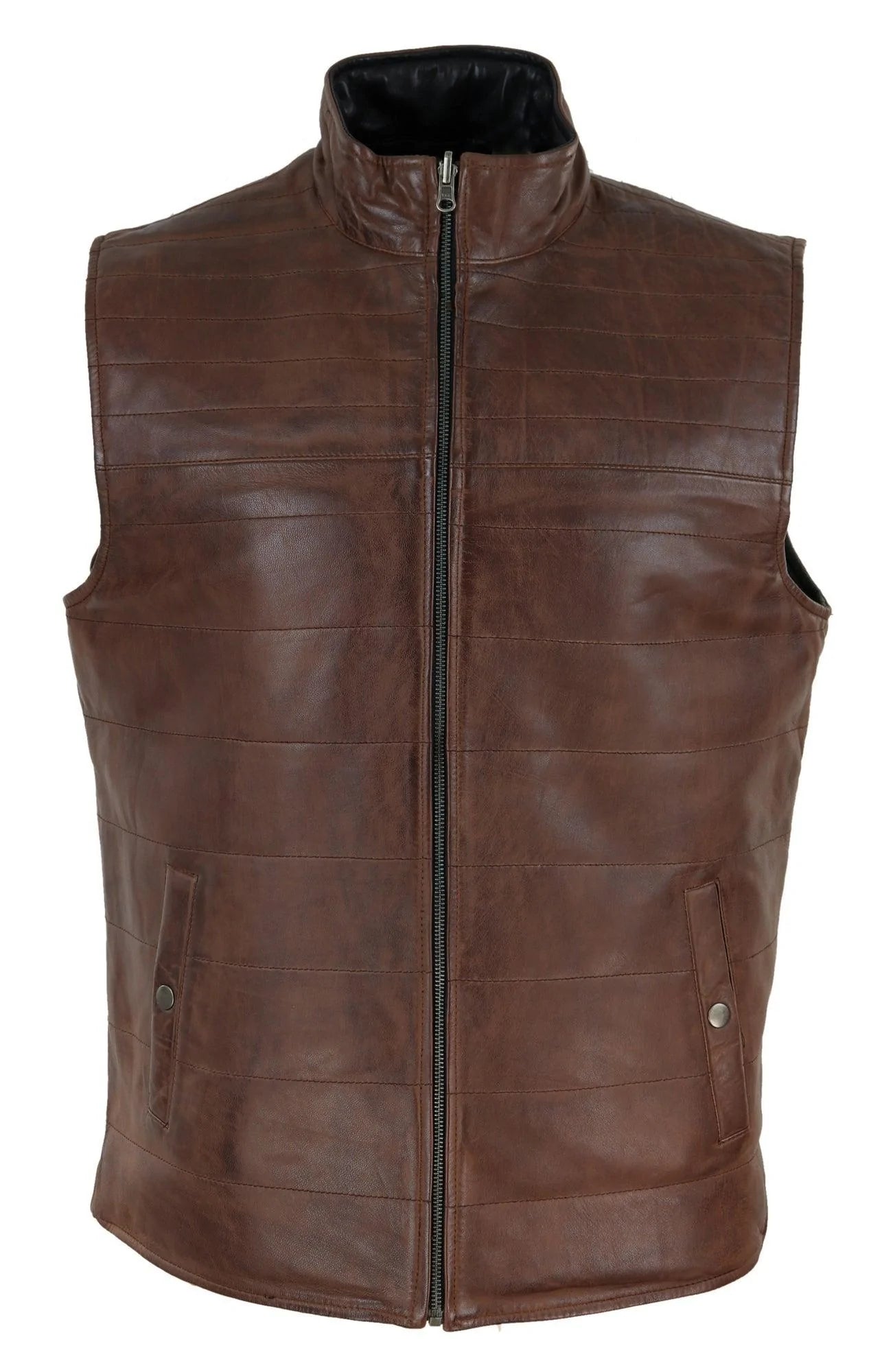 Chaleco reversible de cuero negro y marrón para hombre