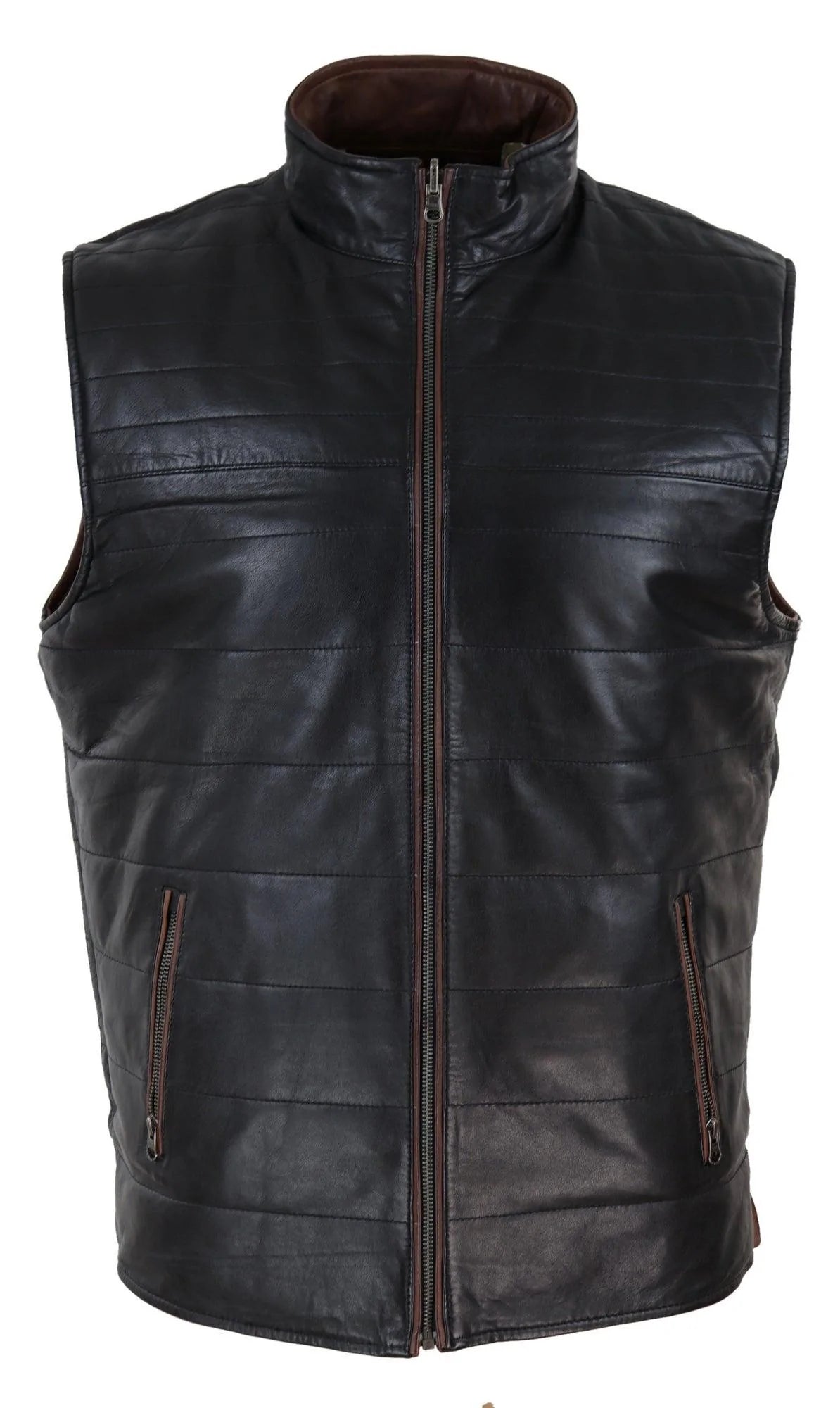 Chaleco reversible de cuero negro y marrón para hombre