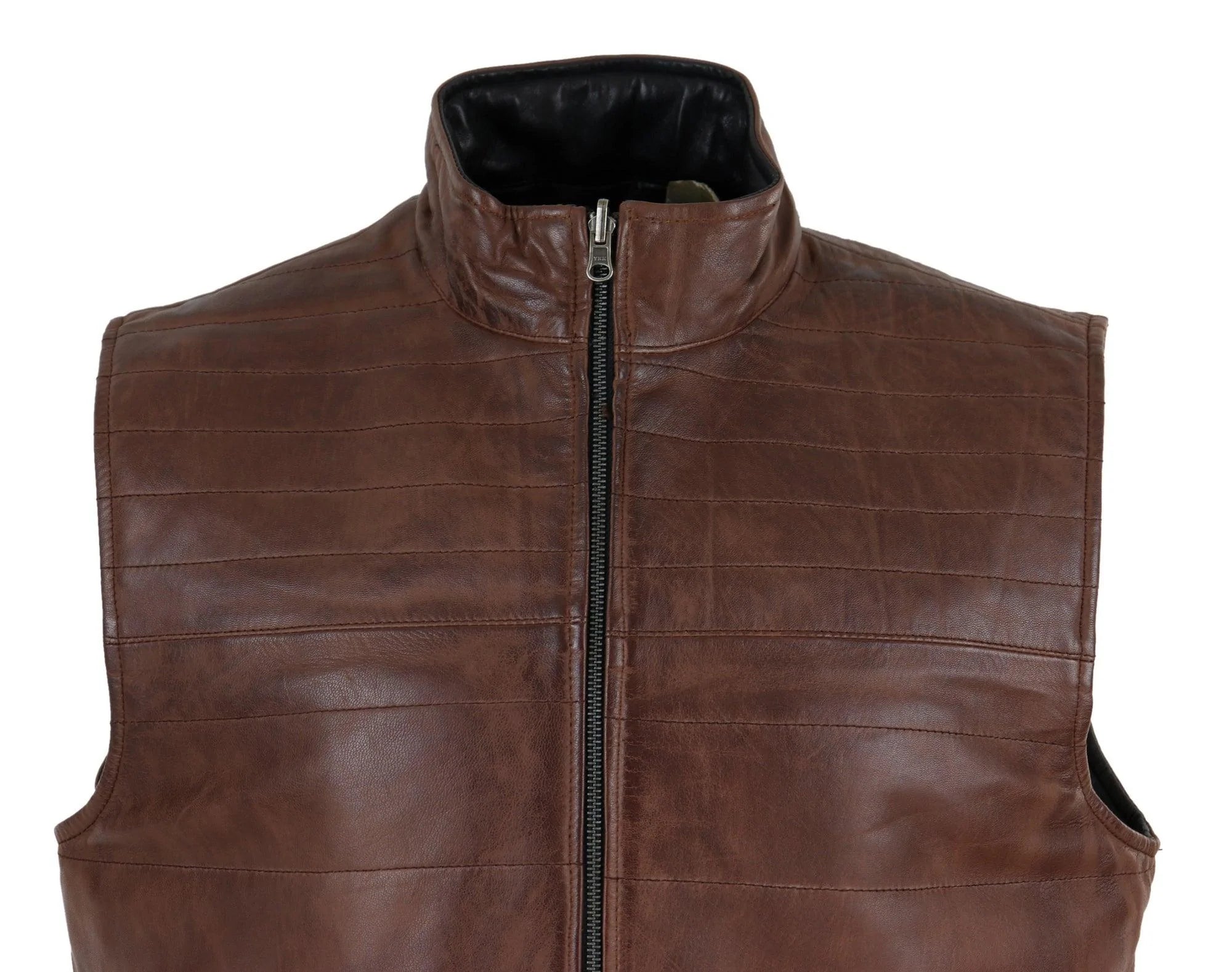 Chaleco reversible de cuero negro y marrón para hombre