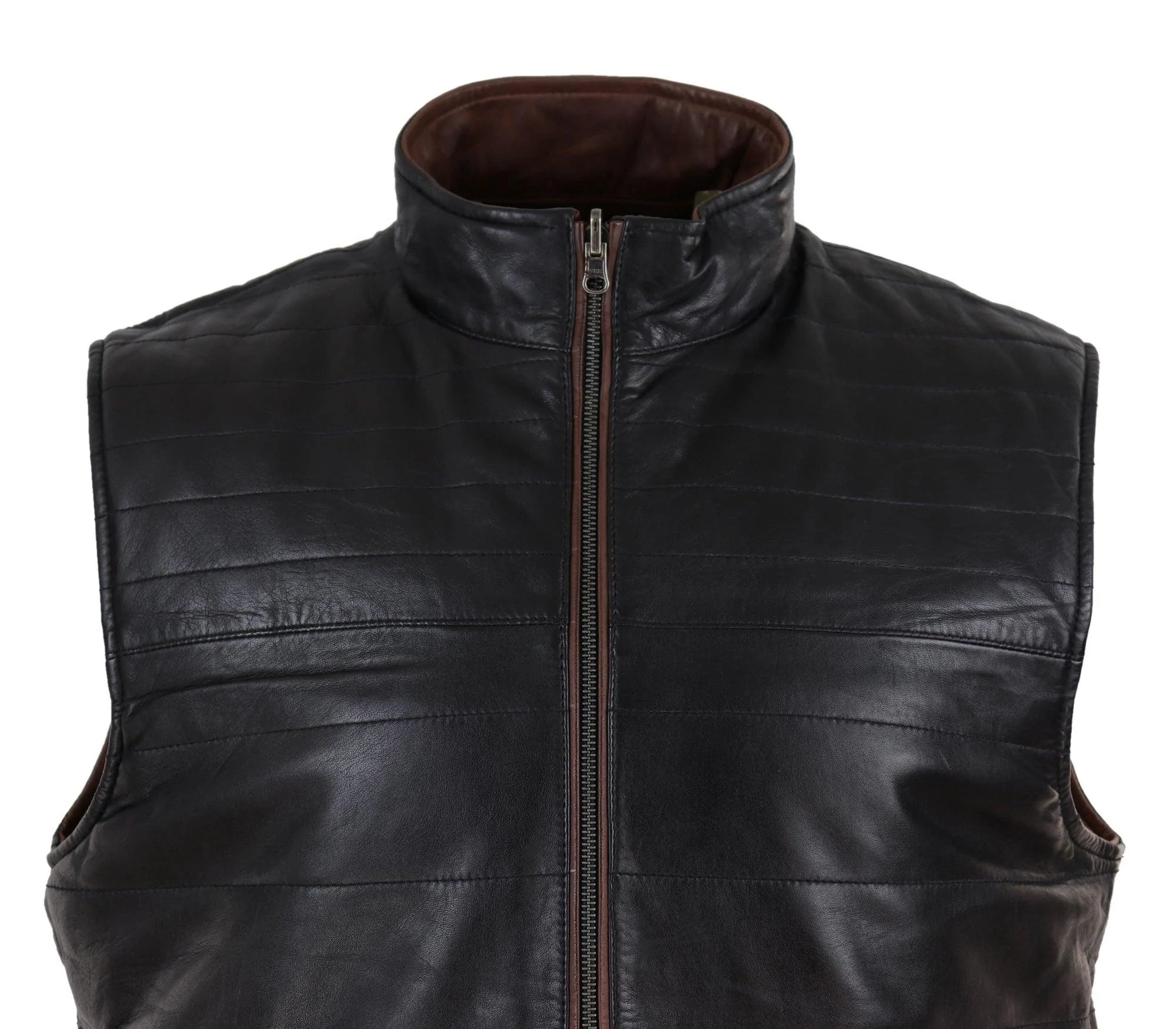 Chaleco reversible de cuero negro y marrón para hombre