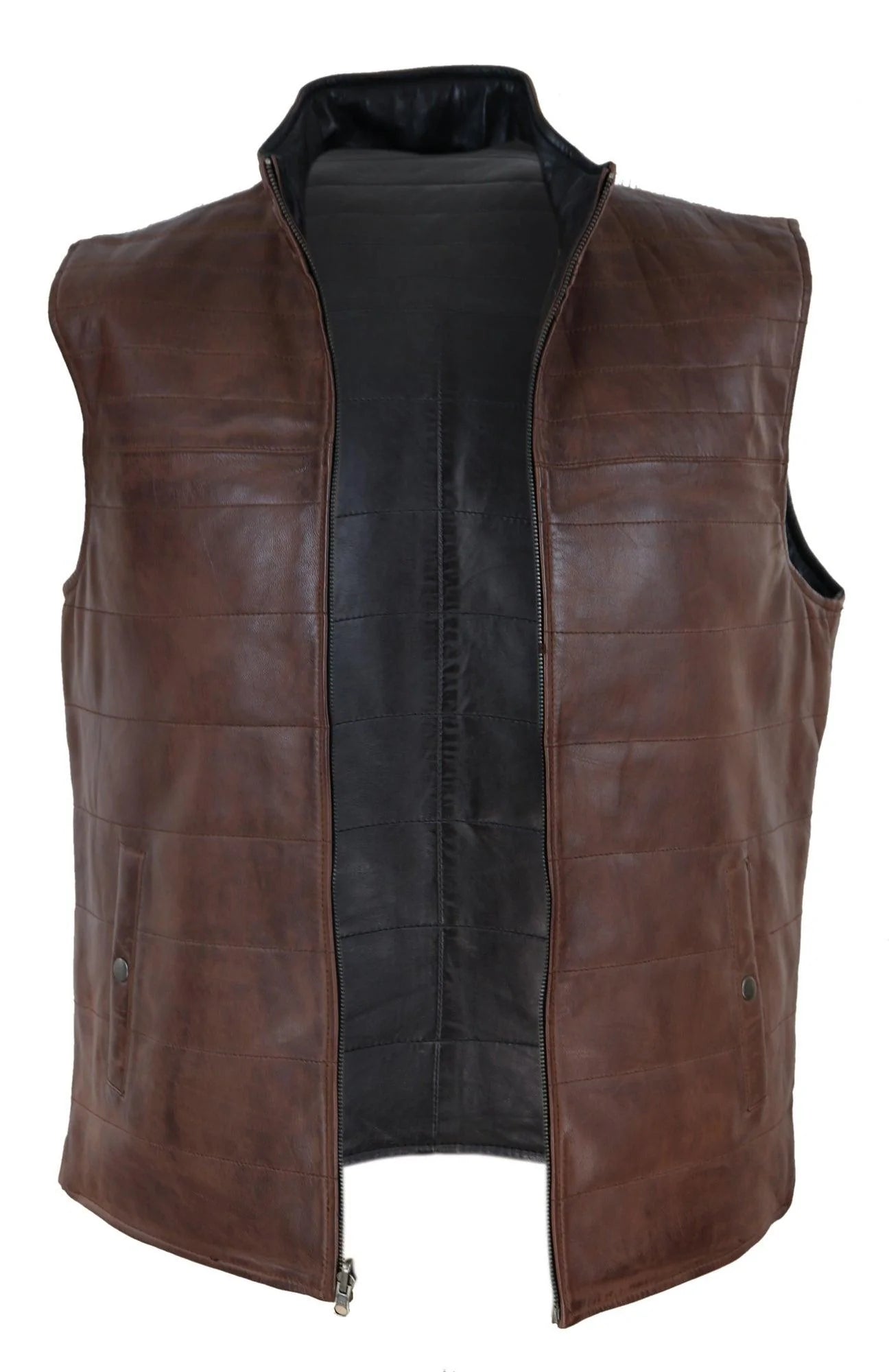 Chaleco reversible de cuero negro y marrón para hombre