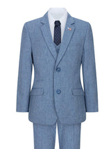 Traje de lana de 3 piezas para niño, azul claro, tweed, estilo vintage de los años 20, chaleco clásico de 4 bolsillos.