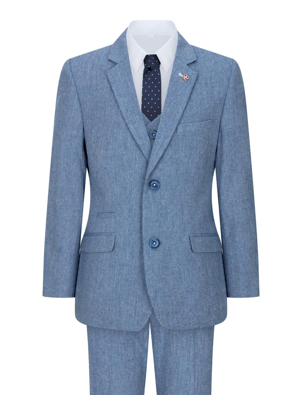 Traje de lana de 3 piezas para niño, azul claro, tweed, estilo vintage de los años 20, chaleco clásico de 4 bolsillos.