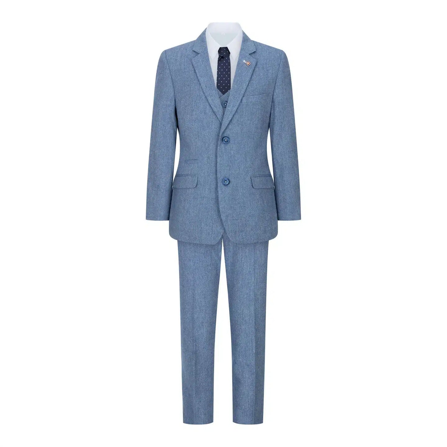 Traje de lana de 3 piezas para niño, azul claro, tweed, estilo vintage de los años 20, chaleco clásico de 4 bolsillos.