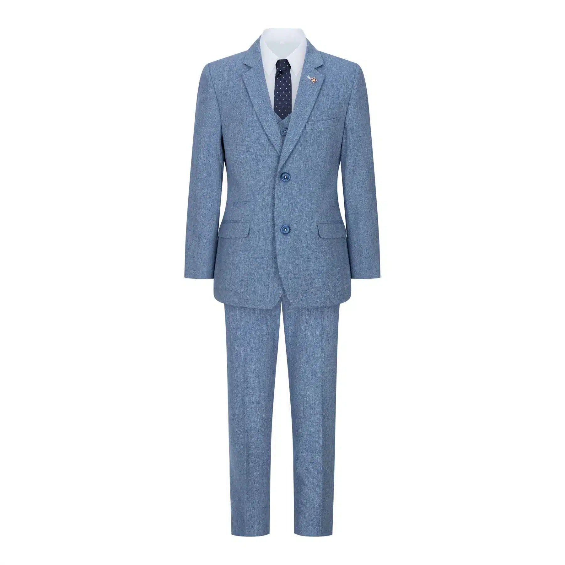 Traje de lana de 3 piezas para niño, azul claro, tweed, estilo vintage de los años 20, chaleco clásico de 4 bolsillos.